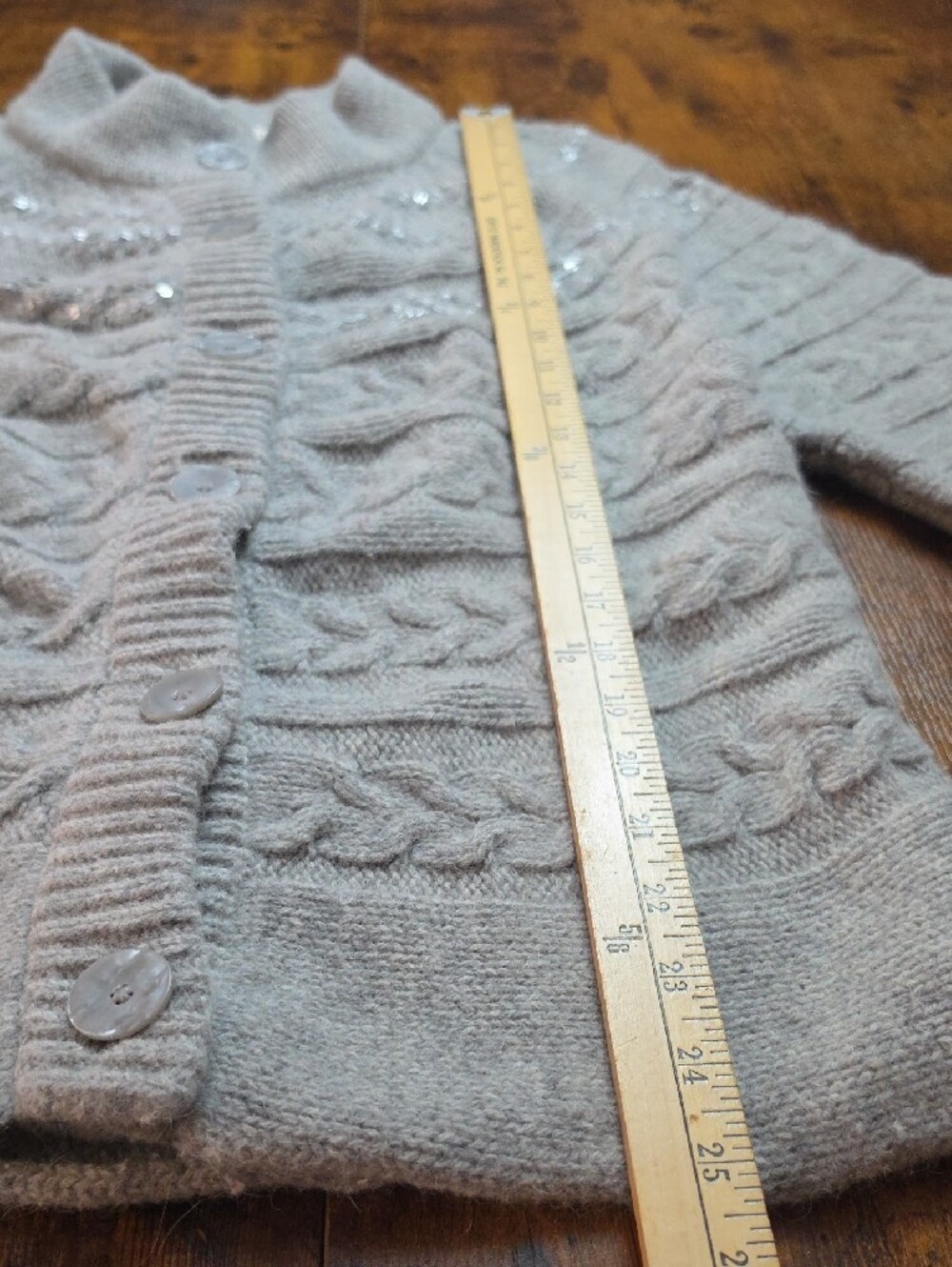 COLDWATER CREEK | Gray Taupe Wool Rabbit Hair Sequin Cable Knit Cardigan | XL - Picture 7 of 9